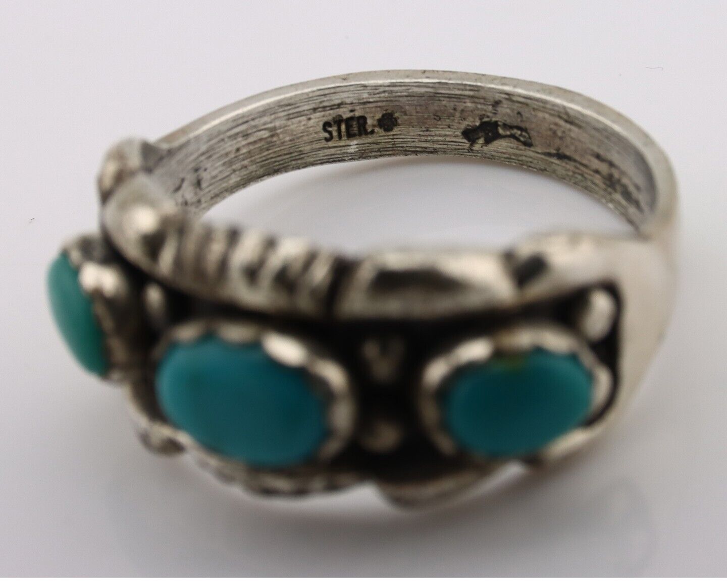 Navajo Ring .925 Silver Natural Blue Turquoise Artist Signed Sun Bell C.80's