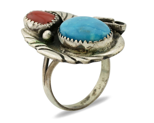 Navajo Ring 925 Silver Turquoise & Coral Artist Signed Native American C.80s