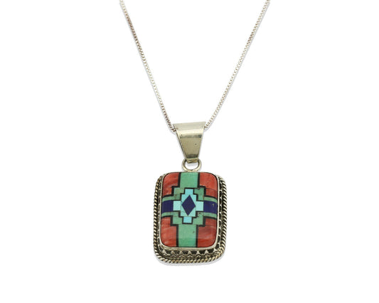 Navajo Handmade Inlaid Gemstone Pendant .925 Silver Signed SN C.80's