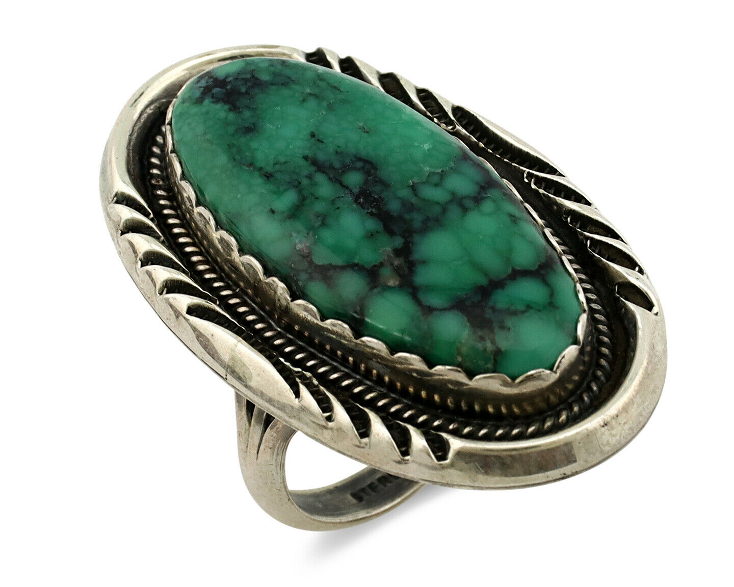 Navajo Ring .925 Silver Green Spiderweb Turquoise Native American C.80's