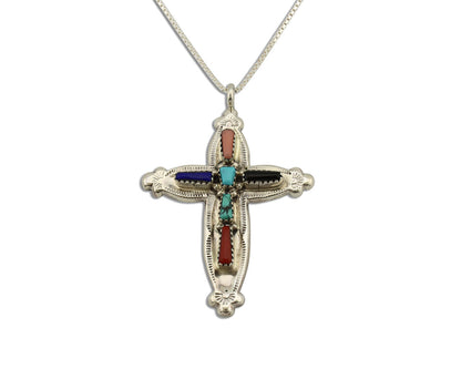 Zuni Handmade Cross Necklace 925 Silver Natural Gemstone Signed E Kaskalla C.80s