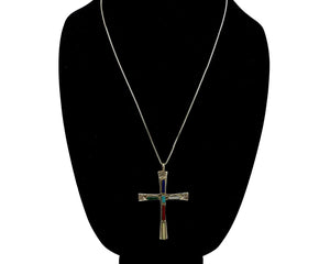 Zuni Handmade Cross Necklace 925 Silver Natural Gemstone Signed L. IULE C.80's