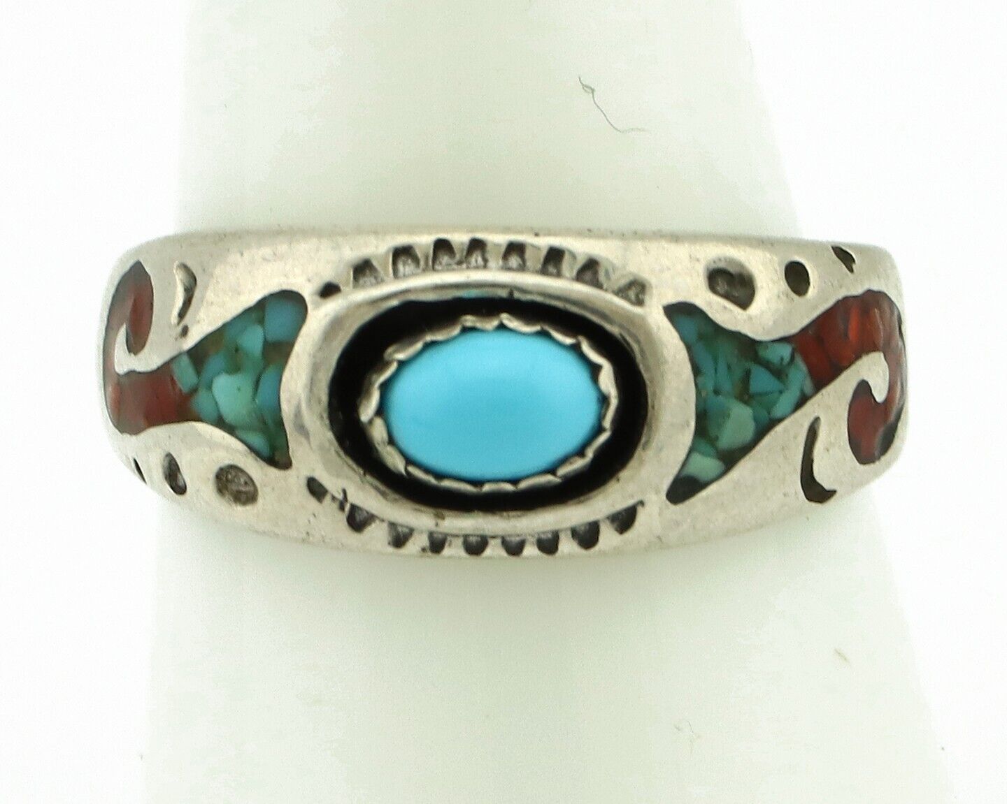 Navajo Handmade Ring 925 Silver Blue Turquoise & Coral Native American C.80's