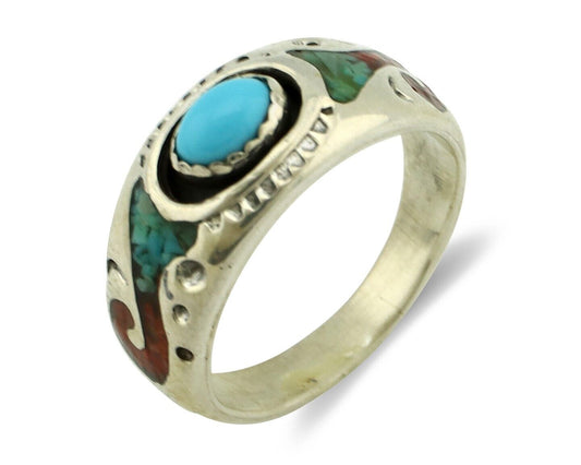 Navajo Handmade Ring 925 Silver Blue Turquoise & Coral Native American C.80's