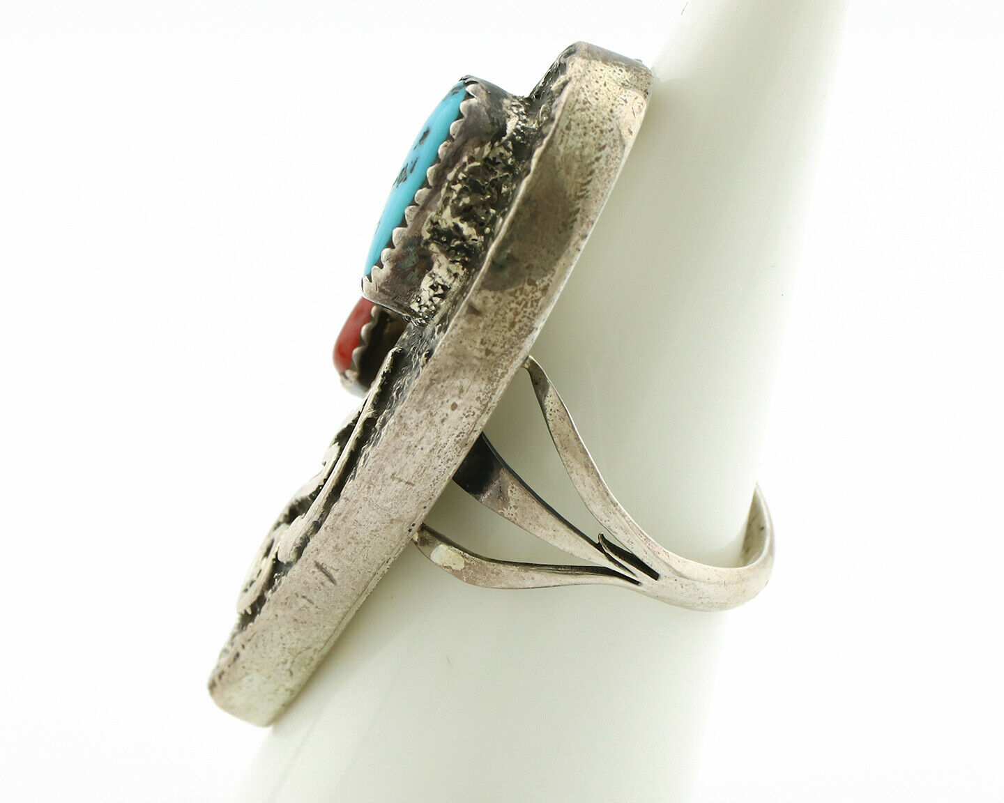 Navajo Ring .925 Silver Turquoise & Coral Native American Artist C.1980's