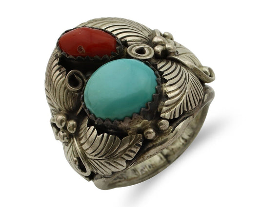 Navajo Ring 925 Silver Blue Turquiose & Mediterranean Coral Native Artist C.80's