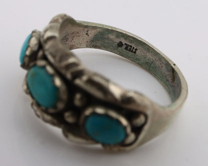 Navajo Ring .925 Silver Natural Blue Turquoise Artist Signed Sun Bell C.80's