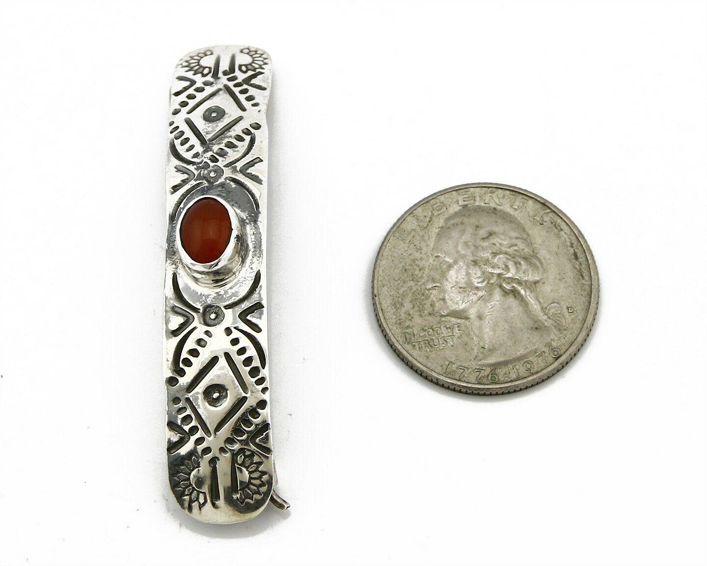 C1990s Navajo Natural Carnelian Agate Hand Stamped 925 Silver Handmade Hair Clip