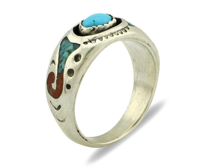 Navajo Handmade Ring 925 Silver Blue Turquoise & Coral Native American C.80's