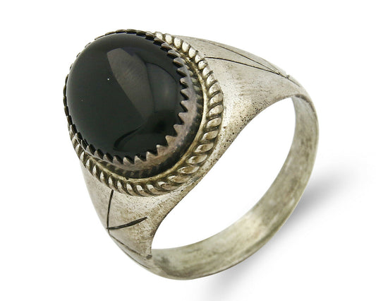 Women's Navajo Ring .925 SOLID Silver Hand Stamped Black Onyx Circa 1980's