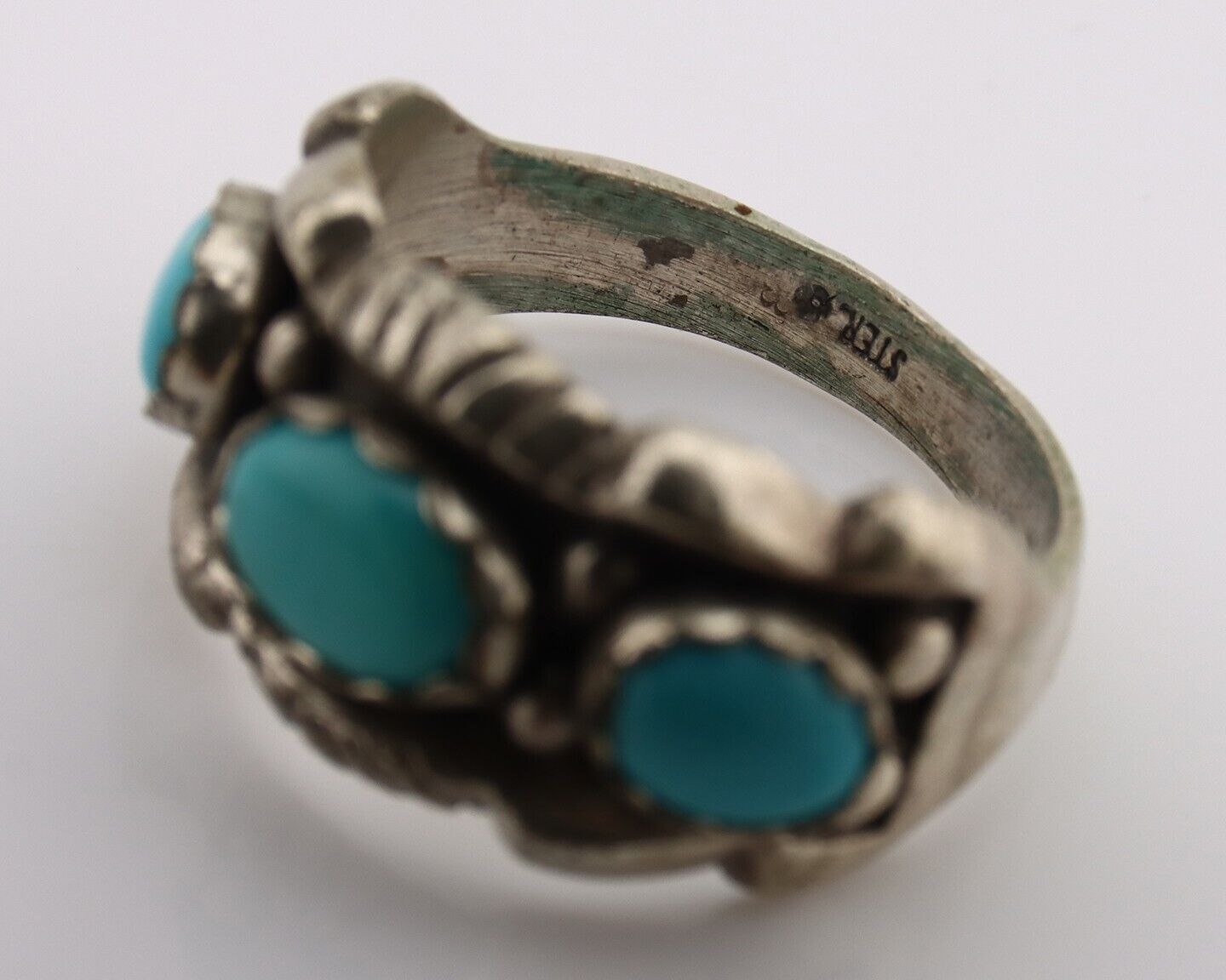 Navajo Ring .925 Silver Natural Blue Turquoise Artist Signed Sun Bell C.80's