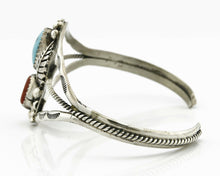 Navajo Bracelet .925 Silver Turquoise & Red Coral Signed SC Cuff Circa 1980s