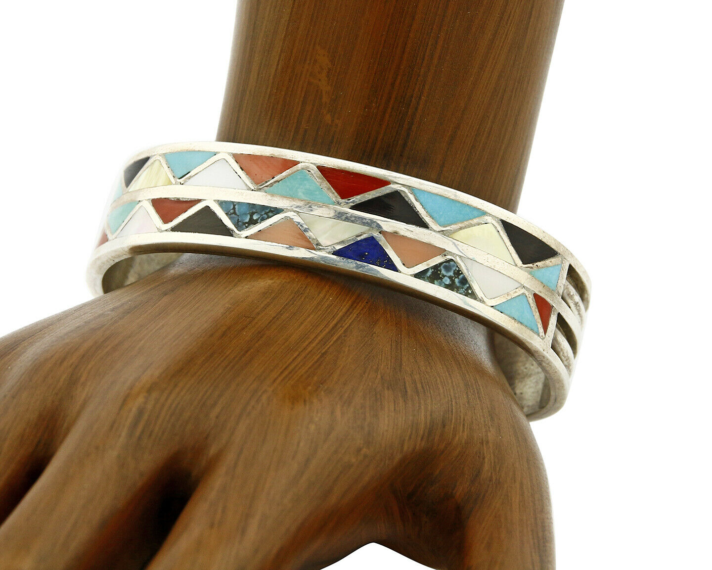 Zuni Signed Anita Banteah Inlaid Multiple Gemstone .925 Cuff Bracelet