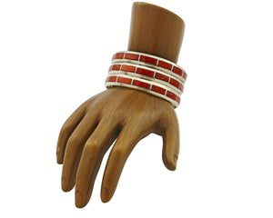 Women's Zuni Bracelet Inlaid Coral .925 Silver 3 Row Natural Mined C.80's