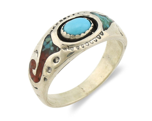 Navajo Handmade Ring 925 Silver Blue Turquoise & Coral Native American C.80's