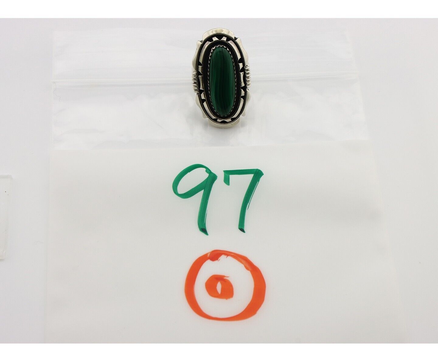 Navajo Ring .925 Silver Malachite Hand Stamped Signed William Denetdale C.80's