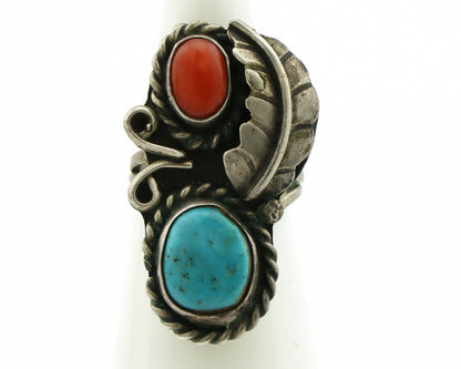 Navajo Ring .925 Silver Turquoise & Coral Native American Artist C.1975's