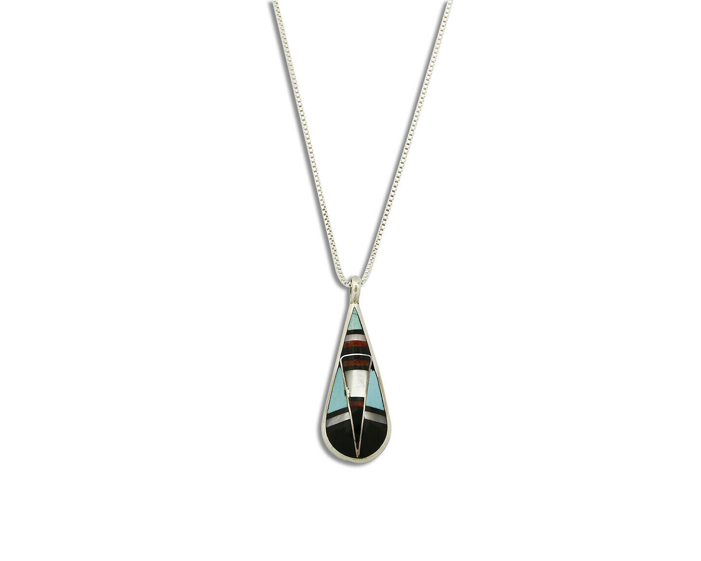 Women's Zuni Pendant .925 Silver Inlaid Gemstone Signed FP Necklace