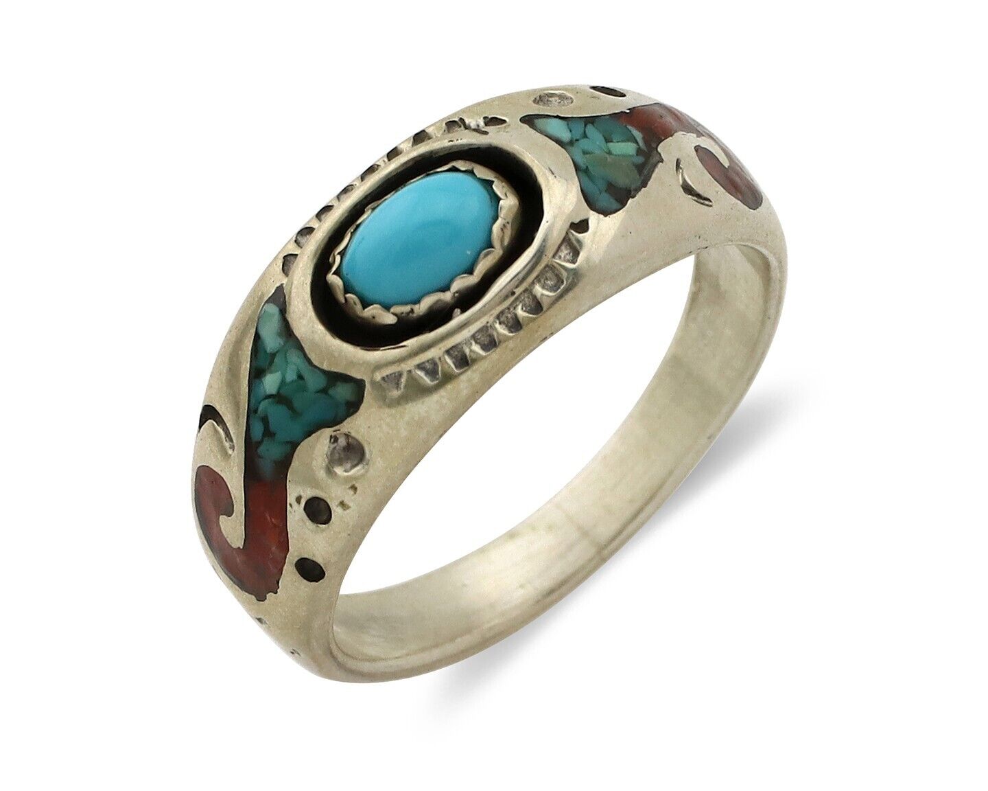 Navajo Handmade Ring 925 Silver Blue Turquoise & Coral Native American C.80's