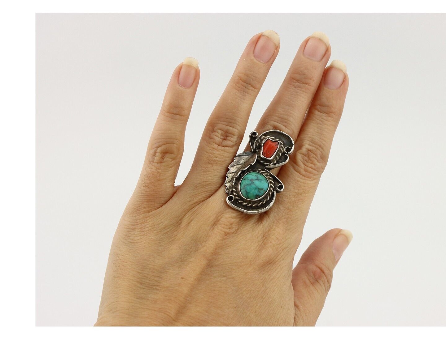 Navajo Handmade Ring 925 Silver Turquiose & Coral Native American Artist C.80's