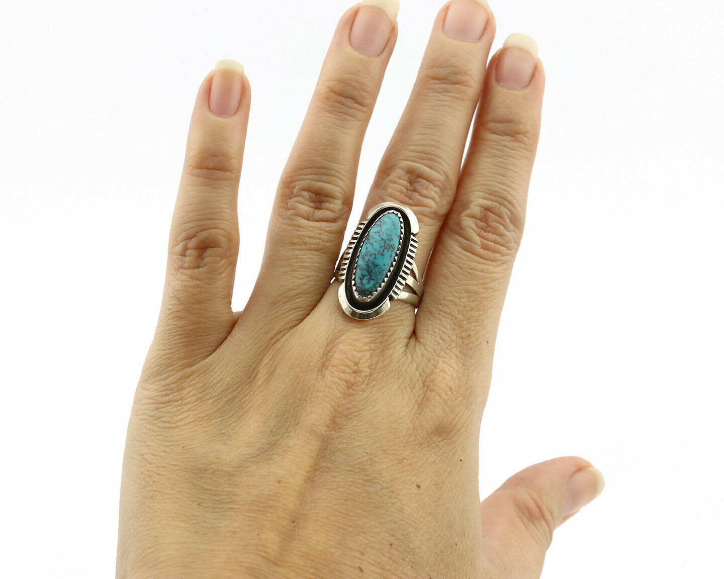 Navajo Ring .925 Silver Spiderweb Turquoise Artist Signed B C.1980's