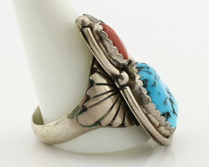 Navajo Ring 925 Silver Blue Turquiose & Coral Artist Signed R Arrow C.80's