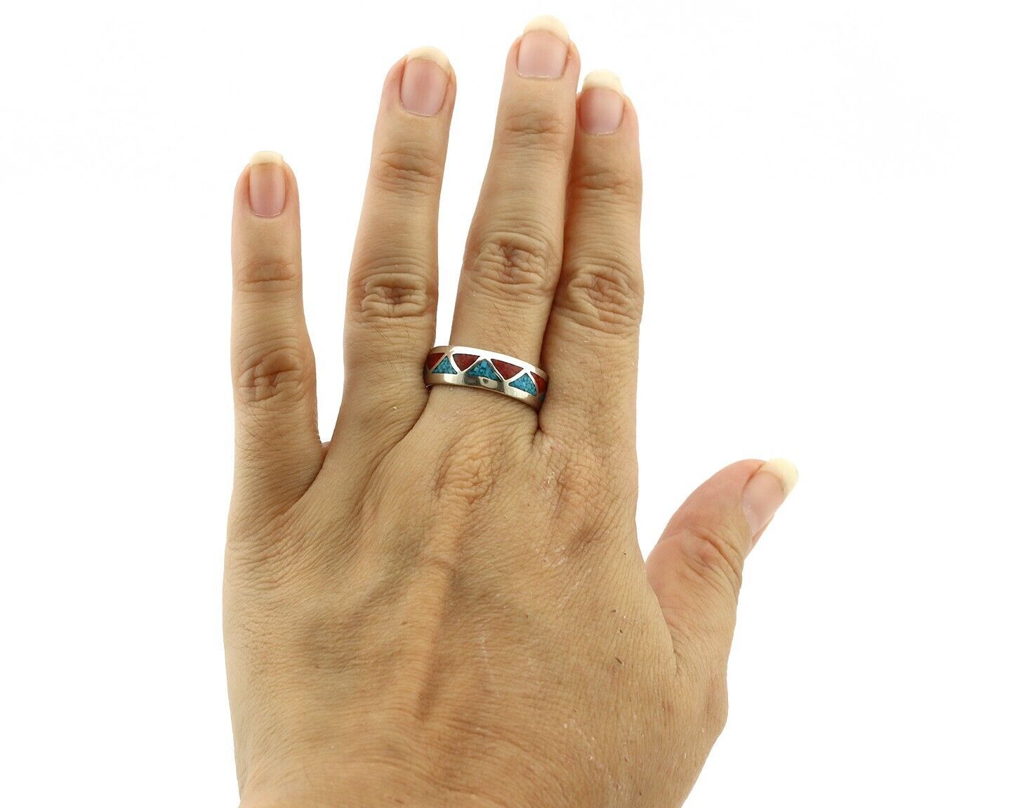 Navajo Chip Inlay Ring 925 Silver Sleeping Beauty Turquoise & Coral Silver Cloud