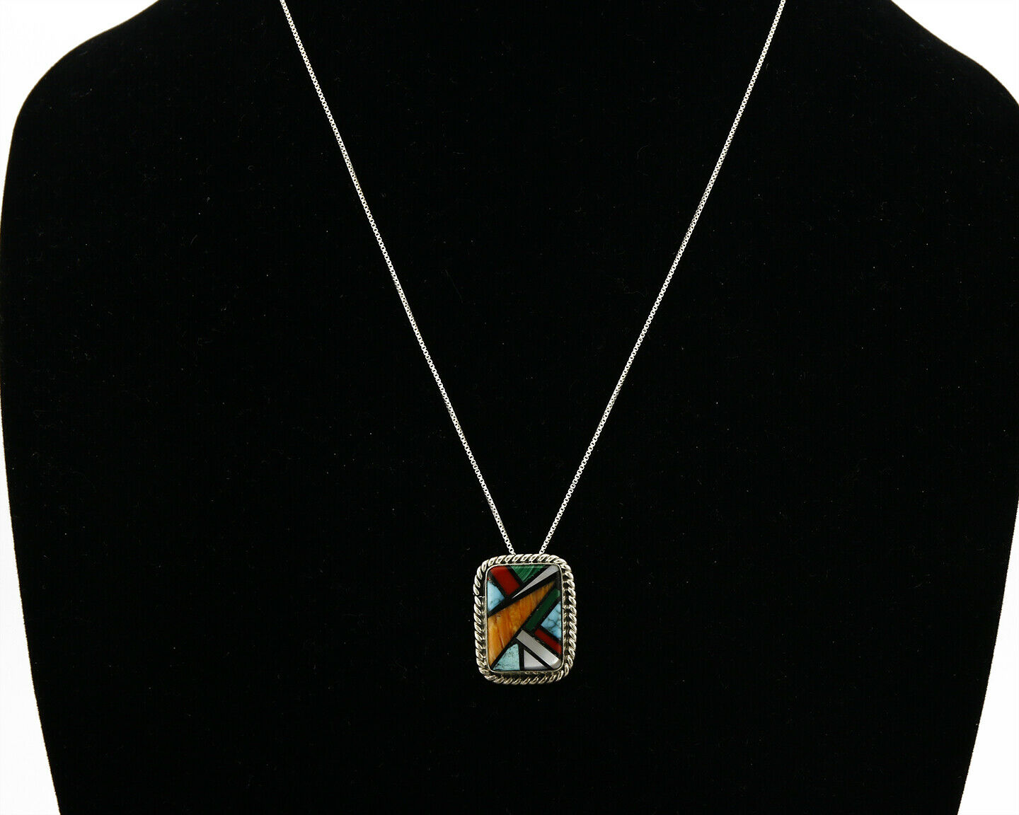 C.80-90's Navajo Doug Zachary Inlaid Natural Gemstone .925 Silver Necklace