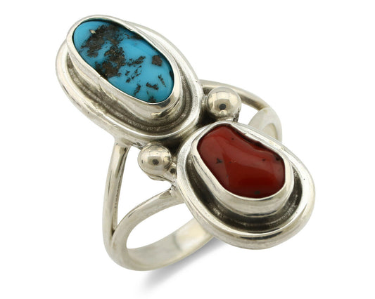 Navajo Ring .925 Silver Blue Turquoise & Red Coral Native American Artist C.80's