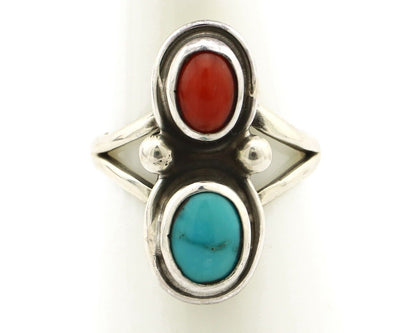 Navajo Handmade Ring 925 Silver Coral & Turquoise Native American Artist C.80's