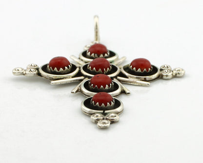 Zuni Handmade Cross Necklace 925 Silver Red Coral Artist Signed NOM? C.80's