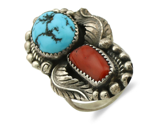 Navajo Ring .925 Silver Turquoise & Coral Artist Signed Thomas Singer C.80's