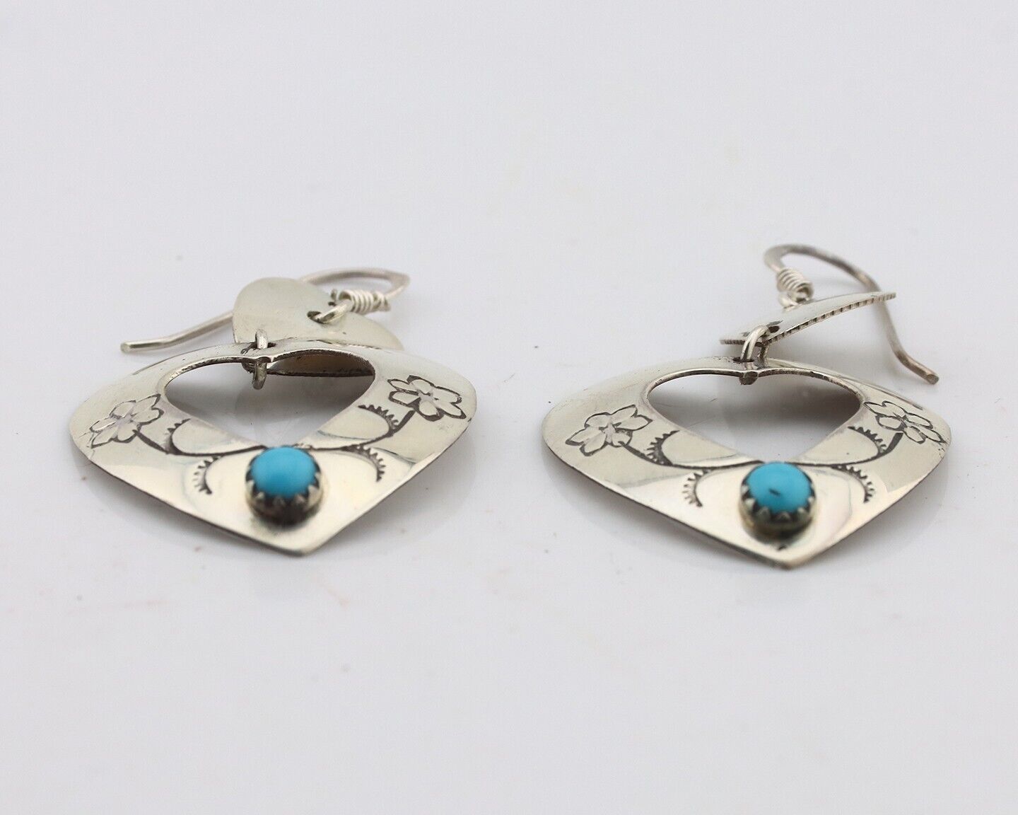 Navajo Dangle Heart Earrings Handmade 925 Silver Blue Turquoise Native Artist 80