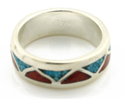 Navajo Chip Inlay Ring 925 Silver Sleeping Beauty Turquoise & Coral Silver Cloud