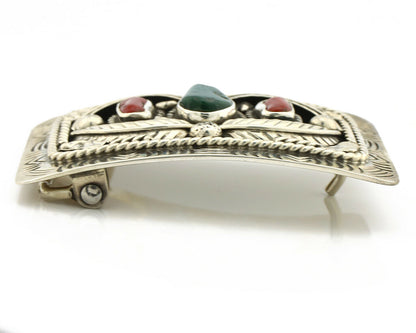 Navajo Belt Buckle .925 Silver Green Turquoise Coral Signed Teepee C.80's