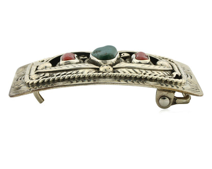 Navajo Belt Buckle .925 Silver Green Turquoise Coral Signed Teepee C.80's