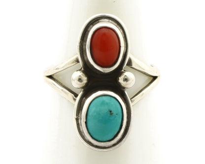 Navajo Handmade Ring 925 Silver Coral & Turquoise Native American Artist C.80's