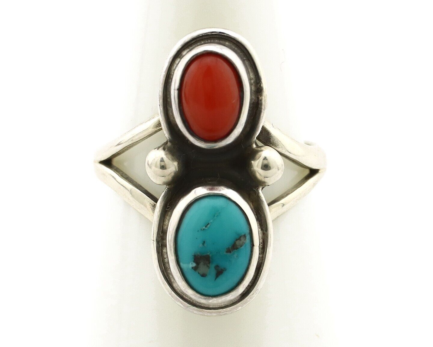 Navajo Handmade Ring 925 Silver Coral & Turquoise Native American Artist C.80's