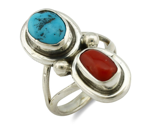 Navajo Ring .925 Silver Red Coral & Blue Turquoise Native Artist C.80's