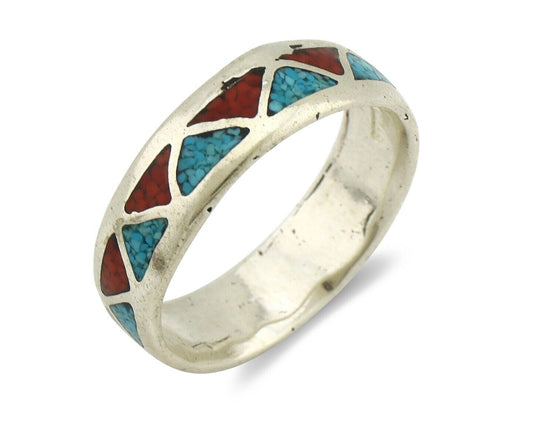 Navajo Ring 925 Silver Natural Turquoise & Coral Native American Artist C.80's