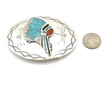 Navajo Belt Buckle 925 Silver Handmade Chip Inlay Artist Signed CP C.80s