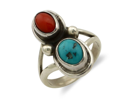 Navajo Handmade Ring 925 Silver Coral & Turquoise Native American Artist C.80's