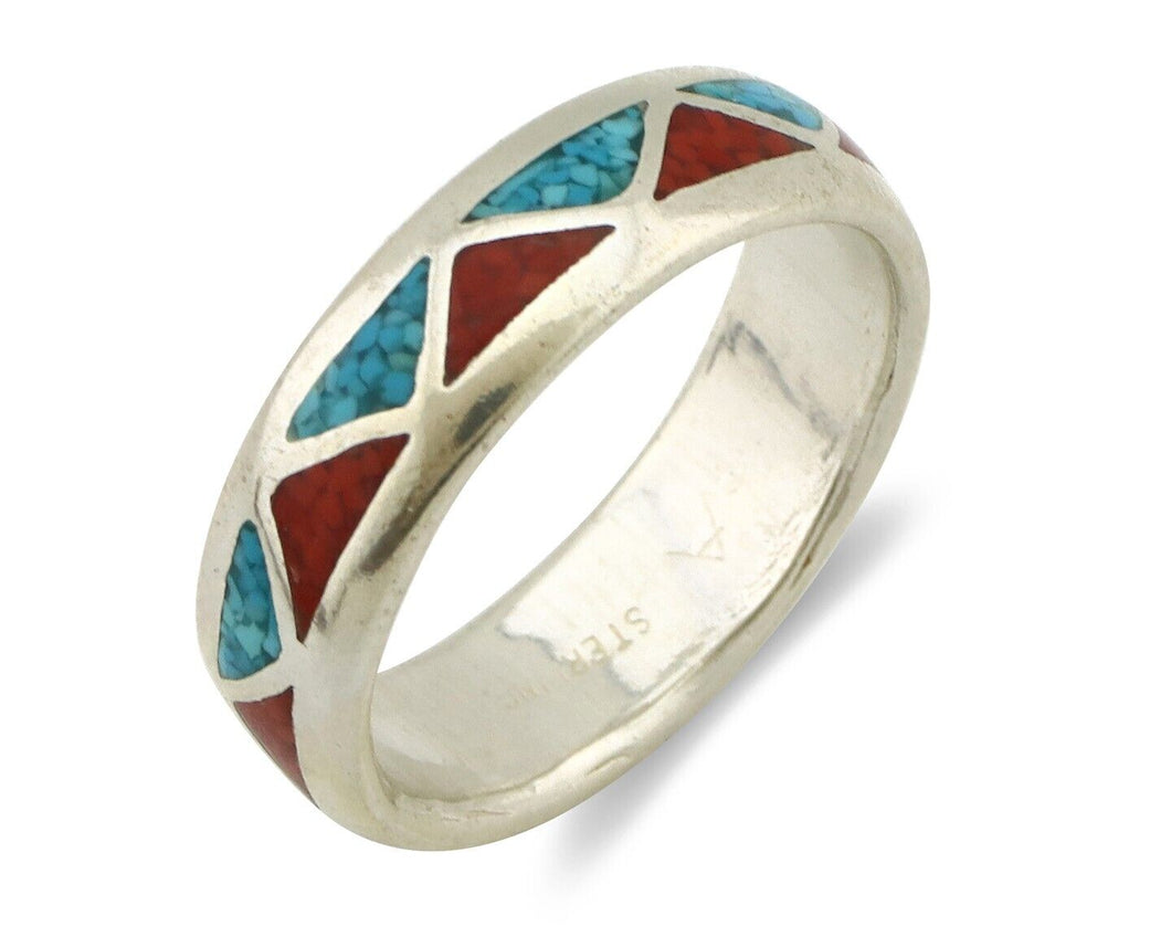 Navajo Ring 925 Silver Natural Turquoise & Coral Native American Artist C.80's