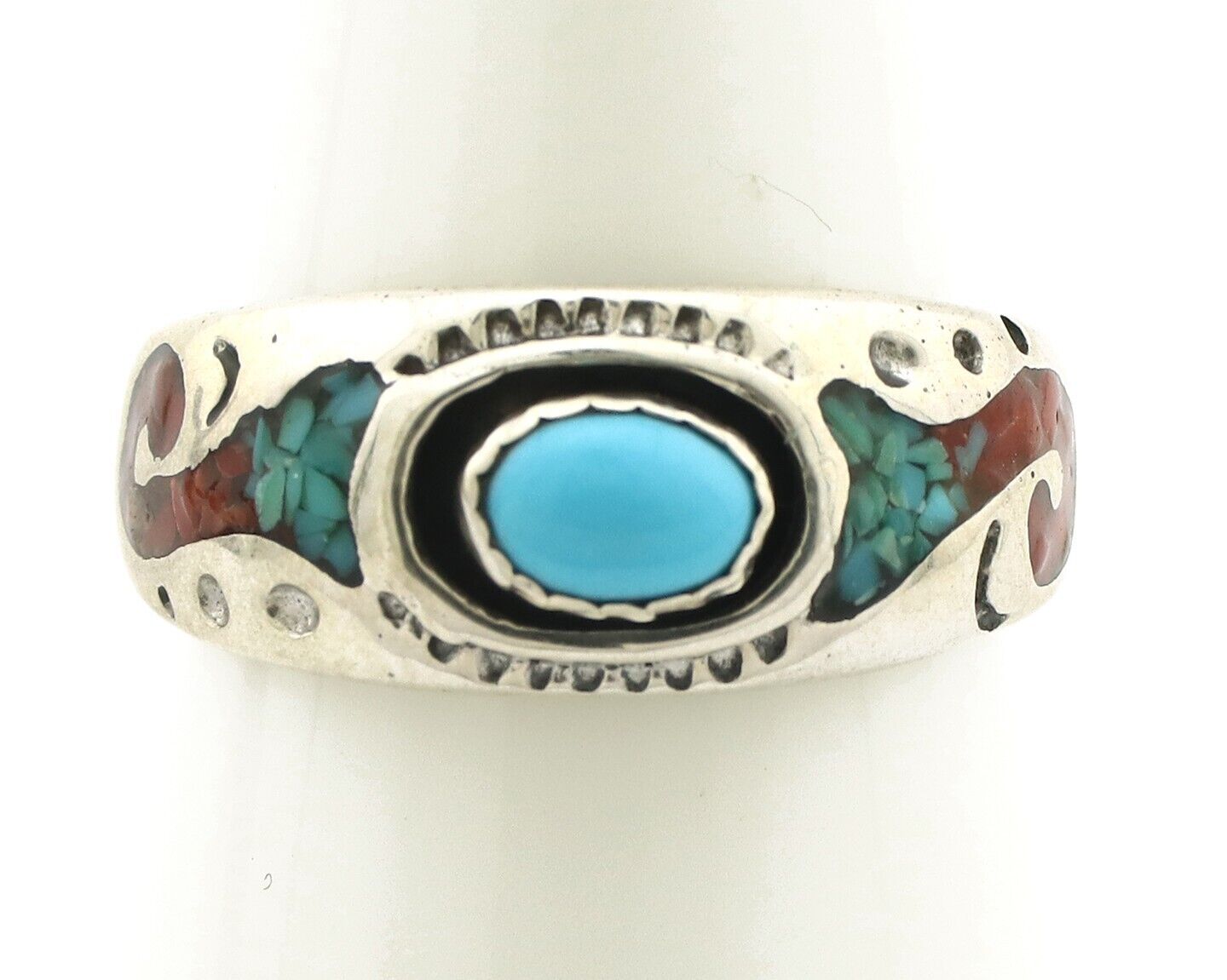 Navajo Inlay Band Ring 925 Silver Turquoise & Coral Native Artist C.80's