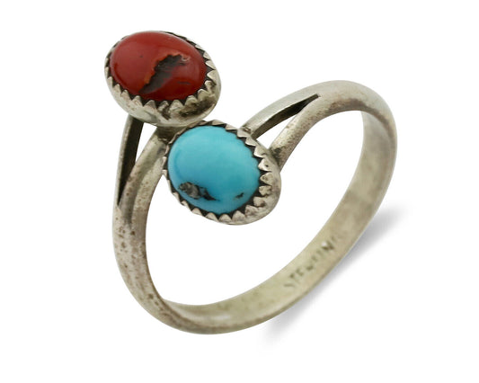 Navajo Ring 925 Silver Coral & Turquoise Handmade Native American Artist C.1980s