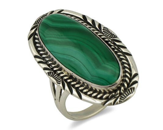 Navajo Ring 925 Silver Natural Green Malachite Signed William Denetdale C.80's