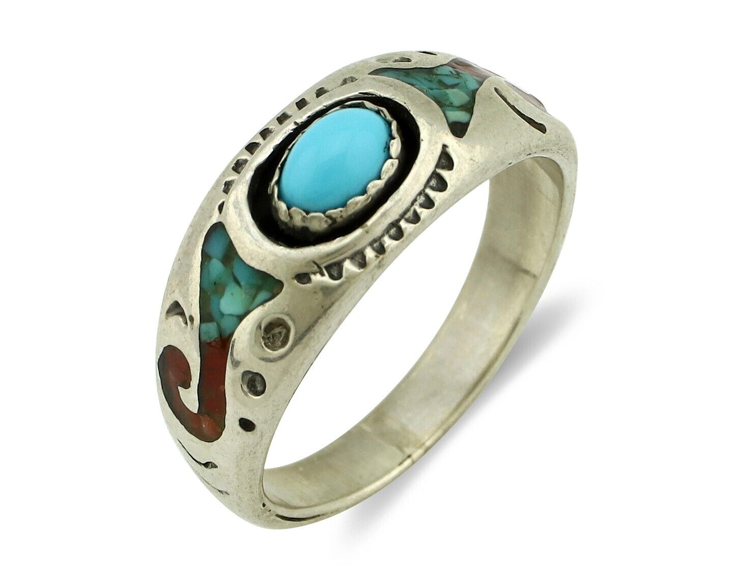 Navajo Handmade Ring 925 Silver Blue Turquoise & Coral Native American C.80's