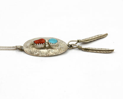 Navajo Pendant .925 Silver Turquoise & Coral Artist Signed ES C.80's