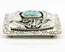 Navajo Belt Buckle .925 Silver Morenci Turquoise Artist Signed Tipi C.80's