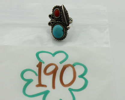 Navajo Ring .925 Silver Turquoise & Coral Native American Artist C.1975's